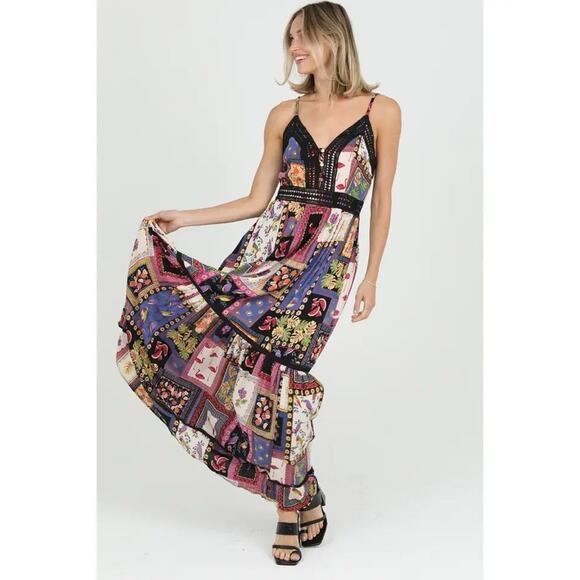 Angie Crochet Patchwork Maxi Dress Size Large Boho - Picture 2 of 12